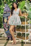 Buy_Verano by Tanya_Green Cotton, Linen V-neck Floral Print Julia Mini Dress _at_Aza_Fashions