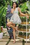 Shop_Verano by Tanya_Green Cotton, Linen V-neck Floral Print Julia Mini Dress _at_Aza_Fashions