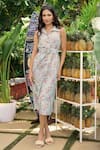 Buy_Verano by Tanya_Green Cotton, Linen Collared Floral Print Julia Midi Dress _at_Aza_Fashions