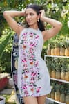 Verano by Tanya_Off White Cotton, Linen Embroidery Halter Neck Kiana Floral Print Short Dress _Online_at_Aza_Fashions