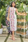 Verano by Tanya_Off White Cotton, Linen Embroidery Halter Neck Kiana Floral Midi Dress _at_Aza_Fashions