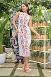 Buy_Verano by Tanya_Off White Cotton, Linen Embroidery Halter Neck Kiana Floral Midi Dress 