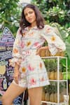 Shop_Verano by Tanya_White Cotton, Linen Collared Floral Print Alani Shirt _at_Aza_Fashions