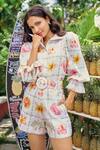 Shop_Verano by Tanya_White Cotton, Linen Floral Print Alani Shorts With Belt _at_Aza_Fashions