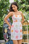 Verano by Tanya_White Cotton, Linen Beads Square Neck Floral Print Alani Short Dress _Online_at_Aza_Fashions