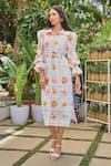 Shop_Verano by Tanya_White Cotton, Linen Tassels Collared Floral Print Midi Dress With Belt _at_Aza_Fashions