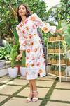 Verano by Tanya_White Cotton, Linen Tassels Collared Floral Print Midi Dress With Belt _at_Aza_Fashions