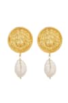 Shop_Zariin_Gold Plated Pearls Roaring To Go Dangler Earrings _at_Aza_Fashions