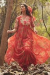 Buy_Paulmi and Harsh_Red Chanderi, Cotton Lace, Embroidery, Tassels Round Orange Maxi Dress And Scarf _Online_at_Aza_Fashions