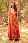 Buy_Paulmi and Harsh_Red Chanderi, Cotton Lace, Embroidery, Tassels Round Orange Maxi Dress And Scarf _at_Aza_Fashions