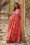 Paulmi and Harsh_Red Chanderi, Cotton Lace, Embroidery, Tassels Round Orange Maxi Dress And Scarf _at_Aza_Fashions