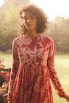 Paulmi and Harsh_Red Chanderi, Cotton Embroidery Round Floral Print Anarkali Maxi Dress And Scarf _Online_at_Aza_Fashions
