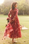 Shop_Paulmi and Harsh_Red Chanderi, Cotton Embroidery Round Floral Print Anarkali Maxi Dress And Scarf _at_Aza_Fashions