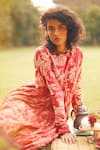 Buy_Paulmi and Harsh_Red Chanderi, Cotton Embroidery Round Floral Print Anarkali Maxi Dress And Scarf _Online_at_Aza_Fashions