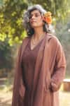 Buy_Paulmi and Harsh_Brown Silk Organza Embroidery V-, Open Mocha Jacket Jumpsuit _Online_at_Aza_Fashions