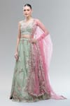 Buy_Samyukta Singhania_Green Satin, Net Embroidery, Beads, Sequins, Stones, Zari, Lime Lehenga Set _at_Aza_Fashions