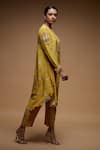 NIRRAAMYAA_Beige Crepe, Brocade Rhinestones Round Neck Kurta Pant Set With _Online_at_Aza_Fashions