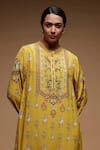 NIRRAAMYAA_Beige Crepe, Brocade Rhinestones Round Neck Kurta Pant Set With _at_Aza_Fashions