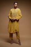 Buy_NIRRAAMYAA_Beige Crepe, Brocade Rhinestones Round Neck Kurta Pant Set With _at_Aza_Fashions