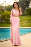 Aariyana Couture_Pink Chiffon, Net, Viscose Embroidery One Shoulder Draped Skirt Set _Online_at_Aza_Fashions