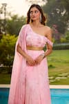 Aariyana Couture_Pink Chiffon, Net, Viscose Embroidery One Shoulder Draped Skirt Set _at_Aza_Fashions