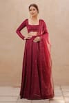 Buy_Samyukta Singhania_Red Faux Leather, Organza Mirrors Square Neck Mukaish Work Velvet Lehenga Set _at_Aza_Fashions