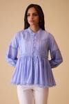 Shop_BUNKA_Blue Cotton Lace Mandarin Collar Ira Top - _Online_at_Aza_Fashions