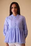 BUNKA_Blue Cotton Lace Mandarin Collar Ira Top - _at_Aza_Fashions