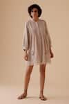 Buy_BUNKA_Beige Cotton Embroidery Round Neck Designer Short Dress _at_Aza_Fashions