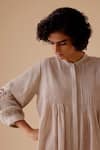 BUNKA_Beige Cotton Embroidery Round Neck Designer Short Dress _Online