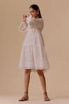 BUNKA_White Cotton Embroidery V-neck Designer Ivory Short Dress _Online_at_Aza_Fashions