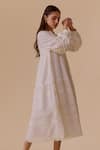 BUNKA_White Cotton Embroidery V-neck Nur Long Ivory Dress _Online_at_Aza_Fashions