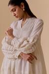 Shop_BUNKA_White Cotton Embroidery V-neck Nur Long Ivory Dress _Online_at_Aza_Fashions