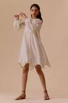 BUNKA_White Cotton Embroidery Round Neck Designer Ivory Dress With Belt _Online_at_Aza_Fashions