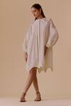Buy_BUNKA_White Cotton Embroidery Round Neck Designer Ivory Dress With Belt _at_Aza_Fashions