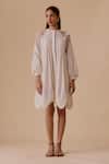 Buy_BUNKA_White Cotton Embroidery Round Neck Designer Ivory Dress With Belt _Online_at_Aza_Fashions