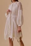 Shop_BUNKA_White Cotton Embroidery Round Neck Designer Ivory Dress With Belt _Online_at_Aza_Fashions