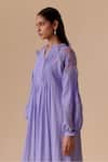 BUNKA_Purple Cotton Applique Split V-neck Lilac Designer Midi Dress With Belt _at_Aza_Fashions