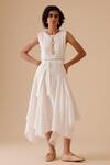 Buy_BUNKA_White Cotton Round Neck Ivory Designer Midi Dress With Belt _at_Aza_Fashions