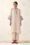 Buy_JANKI INDIA_Ivory Chanderi, Silk, Organza Embroidery Split V-neck Kurta Set _Online_at_Aza_Fashions