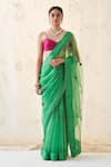 JANKI INDIA_Emerald Green Organza, Chanderi, Cotton Embroidery Sweetheart Neck Saree Set _Online_at_Aza_Fashions