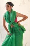 Buy_JANKI INDIA_Emerald Green Organza, Chanderi, Cotton Embroidery Sweetheart Neck Saree Set _Online_at_Aza_Fashions