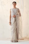 Buy_JANKI INDIA_Ivory Organza, Chanderi, Cotton Sequins Round Neck Saree Set With Blouse _at_Aza_Fashions