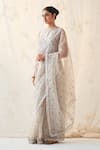 JANKI INDIA_Ivory Organza, Chanderi, Cotton Sequins Round Neck Saree Set With Blouse _Online_at_Aza_Fashions