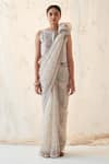 JANKI INDIA_Ivory Organza, Chanderi, Cotton Sequins Round Neck Saree Set With Blouse _at_Aza_Fashions