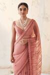 JANKI INDIA_Peach Organza, Chanderi, Cotton V-neck Saree With Blouse _Online_at_Aza_Fashions