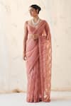 Buy_JANKI INDIA_Peach Organza, Chanderi, Cotton V-neck Saree With Blouse _at_Aza_Fashions