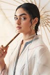 JANKI INDIA_Ivory Organza, Chanderi Embroidery Split V-neck Kurta Set With Dupatta _Online_at_Aza_Fashions