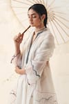 Shop_JANKI INDIA_Ivory Organza, Chanderi Embroidery Split V-neck Kurta Set With Dupatta _Online_at_Aza_Fashions