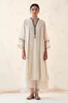 Buy_JANKI INDIA_Ivory Organza, Chanderi Embroidery Split V-neck Kurta Set With Dupatta _at_Aza_Fashions